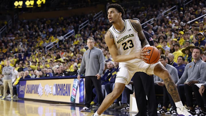 Feb 24, 2026; Ann Arbor, Michigan, USA; Michigan Wolverines forward Yaxel Lendeborg (23) dribbles in the first half against the Minnesota Golden Gophers at Crisler Center. Mandatory Credit: Rick Osentoski-Imagn Images