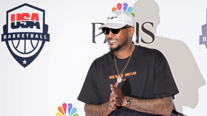 Aug 5, 2024; Paris, FRANCE; Carmelo Anthony poses for a photograph during the Paris 2024 Olympic Summer Games at Team USA House. Mandatory Credit: John David Mercer-USA TODAY Sports