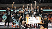 March 11, 2025; Las Vegas, NV, USA; Oregon State Beavers celebrate after defeating the Portland Pilots after the game in the final of the West Coast Conference tournament at Orleans Arena. Mandatory Credit: Kyle Terada-Imagn Images