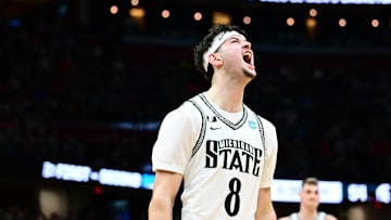 Mar 23, 2025; Cleveland, OH, USA; Michigan State Spartans forward Frankie Fidler (8) reacts in the second half against the New Mexico Lobos during the NCAA Tournament Second Round at Rocket Arena. Mandatory Credit: Ken Blaze-Imagn Images