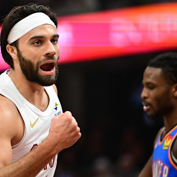 Jan 8, 2025; Cleveland, Ohio, USA; Cleveland Cavaliers guard Max Strus (1) argues a call during the first half against the Oklahoma City Thunder at Rocket Mortgage FieldHouse. Mandatory Credit: Ken Blaze-Imagn Images
