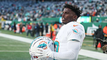 Miami Dolphins wide receiver Tyreek Hill on the field before the game against the New York Jets at MetLife Stadium. 