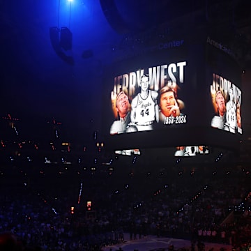 Presentation in memory of NBA legend Jerry West before game three of the 2024 NBA Finals between the Boston Celtics and the Dallas Mavericks at American Airlines Center.