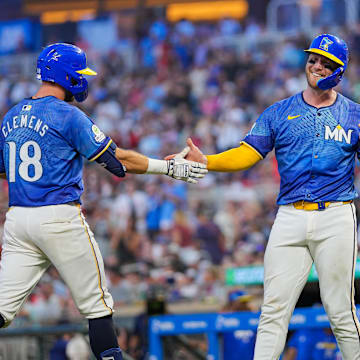 Aug 8, 2025; Minneapolis, Minnesota, USA; Minnesota Twins outfielder Kody Clemens (18) celebrates his home run with catcher Ryan Jeffers (27) against the Kansas City Royals in the fourth inning at Target Field. Mandatory Credit: Brad Rempel-Imagn Images