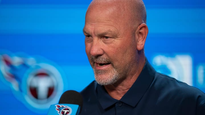 Tennessee Titans Defensive Coordinator Gus Bradley addresses the media during his first press conference at Ascension Saint Thomas Sports Park in Nashville, Tenn., Wednesday, Feb. 18, 2026.
