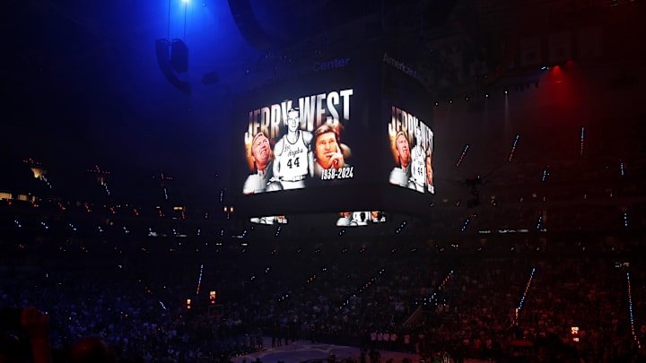 Presentation in memory of NBA legend Jerry West before game three of the 2024 NBA Finals between the Boston Celtics and the Dallas Mavericks at American Airlines Center.