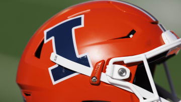Oct 1, 2022; Madison, Wisconsin, USA;  Illinois Fighting Illini logo on a helmet during warmups prior to the game against the Wisconsin Badgers at Camp Randall Stadium. Mandatory Credit: Jeff Hanisch-USA TODAY Sports