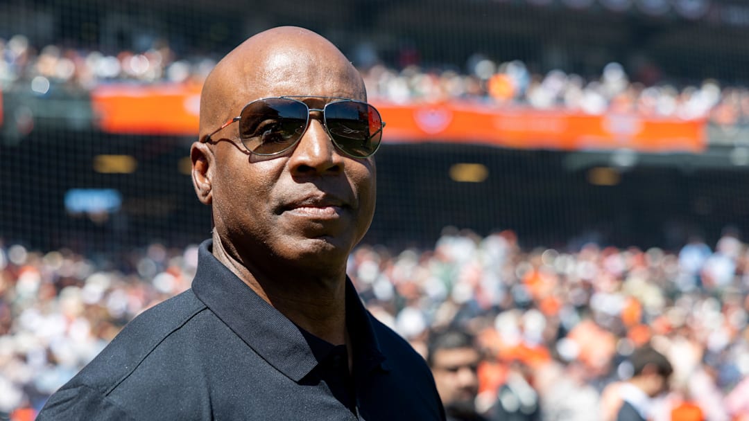 Apr 4, 2025; San Francisco, California, USA; San Francisco Giants legend Barry Bonds is introduced before the game against the Seattle Mariners at Oracle Park. Mandatory Credit: Bob Kupbens-Imagn Images