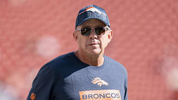 August 9, 2025; Santa Clara, California, USA; Denver Broncos head coach Sean Payton watches warm ups before the game against the San Francisco 49ers at Levi's Stadium. Mandatory Credit: Kyle Terada-Imagn Images