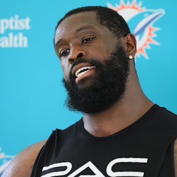 Miami Dolphins offensive tackle Terron Armstead (72) talks to reporters after joint practice with the Washington Commanders at Baptist Health Training Complex.