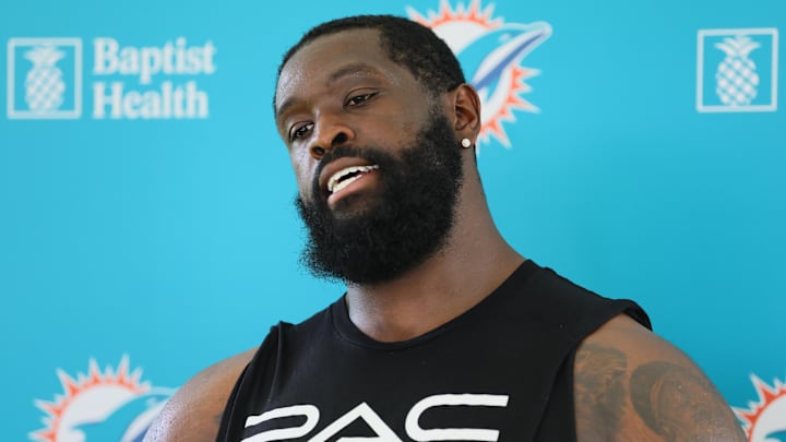 Miami Dolphins offensive tackle Terron Armstead (72) talks to reporters after joint practice with the Washington Commanders at Baptist Health Training Complex.