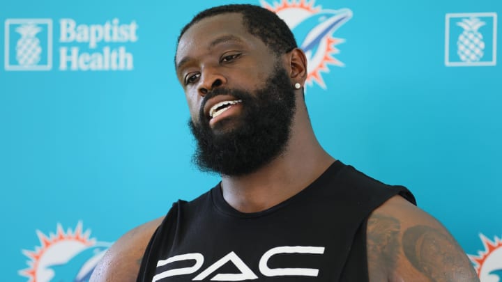 Miami Dolphins offensive tackle Terron Armstead (72) talks to reporters after joint practice with the Washington Commanders at Baptist Health Training Complex.