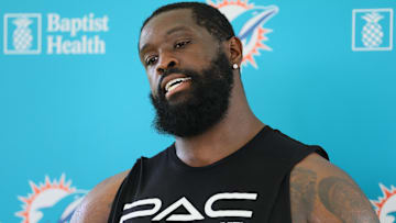 Miami Dolphins offensive tackle Terron Armstead (72) talks to reporters after joint practice with the Washington Commanders at Baptist Health Training Complex.
