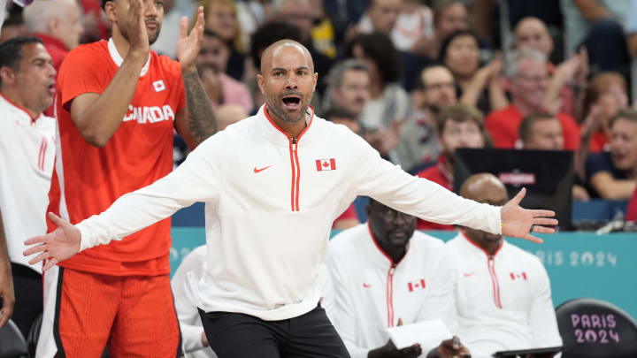 Jul 27, 2024; Villeneuve-d'Ascq, France; Canada head coach Jordi Fernandez reacts in the first half against Greece during the Paris 2024 Olympic Summer Games at Stade Pierre-Mauroy. Mandatory Credit: John David Mercer-USA TODAY Sports