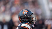Oklahoma State wide receiver Sam Jackson V (18) warms up before an NCAA football game between Oklahoma State (OSU) and Tulsa at Boone Pickens Stadium in Stillwater, Okla., on Friday, Sept. 19, 2025.
