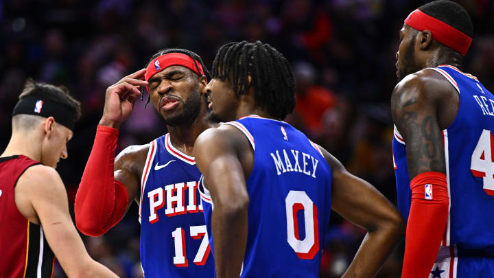 Feb 14, 2024; Philadelphia, Pennsylvania, USA; Philadelphia 76ers guard Buddy Hield (17) reacts with guard Tyrese Maxey (0) against the Miami Heat in the second quarter at Wells Fargo Center. Mandatory Credit: Kyle Ross-USA TODAY Sports