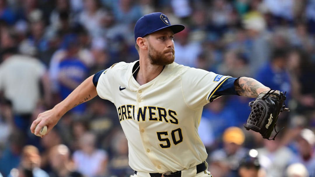 Aug 28, 2025; Milwaukee, Wisconsin, USA; Milwaukee Brewers relief pitcher Easton McGee (50) throws against the Arizona Diamondbacks in the eighth inning at American Family Field. Mandatory Credit: Benny Sieu-Imagn Images
