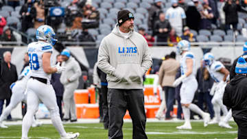 Detroit Lions head coach Dan Campbell watches warm up before the game between Chicago Bears and Detroit Lions at Soldier Field in Chicago, Ill. on Sunday, Dec. 22, 2024.