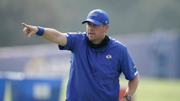 Aug 21, 2020; Thousand Oaks, CA, USA; Los Angeles Rams pass game coordinator Shane Waldron gestures  during training camp at Cal Lutheran University. 