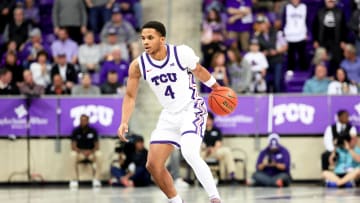 Mar 9, 2024; Fort Worth, Texas, USA;  TCU Horned Frogs guard Jameer Nelson Jr. (4) controls the ball during the first half against the UCF Knights at Ed and Rae Schollmaier Arena. Mandatory Credit: Kevin Jairaj-USA TODAY Sports