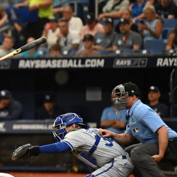 May 26, 2024; St. Petersburg, Florida, USA; Tampa Bay Rays left fielder Randy Arozarena (56) bats in the second inning against the Kansas City Royals at Tropicana Field. Mandatory Credit: Jonathan Dyer-USA TODAY Sports