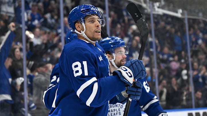 Mar 20, 2026; Toronto, Ontario, CAN;   Toronto Maple Leafs forward Dakota Joshua (81) celebrates with team mates after scoring a goal against the Carolina Hurricanes in the first period at Scotiabank Arena. Mandatory Credit: Dan Hamilton-Imagn Images
