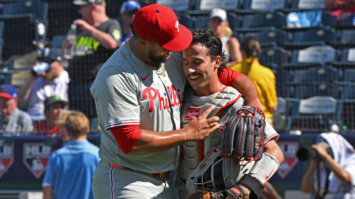 Aug 25, 2024; Kansas City, Missouri, USA; Philadelphia Phillies pitcher Carlos Estevez (53) celebrates with catcher Garrett Stubbs (21) after beating the Kansas City Royals at Kauffman Stadium