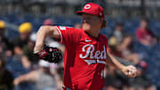 Mar 22, 2025; Peoria, Arizona, USA; Cincinnati Reds pitcher Andrew Abbott (41) throws against the San Diego Padres in the first inning at Peoria Sports Complex. Mandatory Credit: Rick Scuteri-Imagn Images