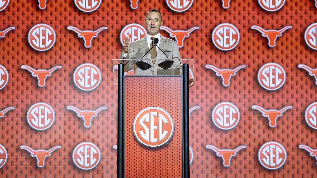 Jul 23, 2026; Tampa, FL, USA; Texas Longhorns head coach Steve Sarkisian speaks to the press during SEC Football Kickoff Media Day at the Tampa Marriott. Mandatory Credit: Nathan Ray Seebeck-Imagn Images