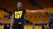 May 12, 2025; San Francisco, California, USA; Golden State Warriors forward Jonathan Kuminga (00) stands on the court during warmups against the Minnesota Timberwolves during game four of the second round for the 2025 NBA Playoffs at Chase Center. Mandatory Credit: Cary Edmondson-Imagn Images