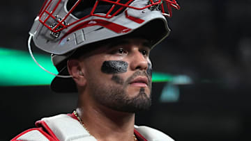 Sep 5, 2025; Phoenix, Arizona, USA; Boston Red Sox catcher Carlos Narváez (75) looks for a sign against the Arizona Diamondbacks in the fourth inning at Chase Field. Mandatory Credit: Rick Scuteri-Imagn Images