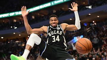 Milwaukee Bucks forward Giannis Antetokounmpo reacts after dunking a basket in the third quarter against the Indiana Pacers at Fiserv Forum on November 22, 2024.