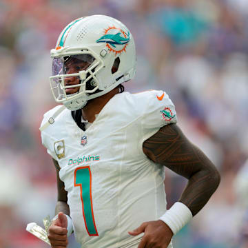 Miami Dolphins quarterback Tua Tagovailoa (1) during the first half against the Buffalo Bills at Hard Rock Stadium.