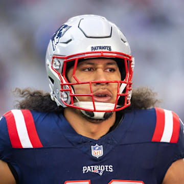 Dec 15, 2024; Glendale, Arizona, USA; New England Patriots linebacker Jahlani Tavai (48) against the Arizona Cardinals at State Farm Stadium. Mandatory Credit: Mark J. Rebilas-Imagn Images