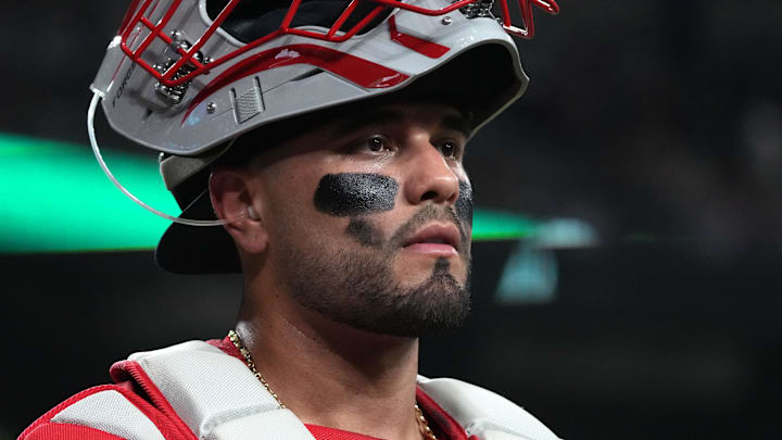 Sep 5, 2025; Phoenix, Arizona, USA; Boston Red Sox catcher Carlos Narváez (75) looks for a sign against the Arizona Diamondbacks in the fourth inning at Chase Field. Mandatory Credit: Rick Scuteri-Imagn Images
