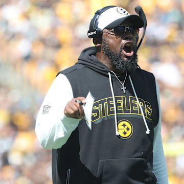 Sep 14, 2025; Pittsburgh, Pennsylvania, USA;  Pittsburgh Steelers head coach Mike Tomlin reacts on the sidelines against the Seattle Seahawks during the second quarter at Acrisure Stadium. Mandatory Credit: Charles LeClaire-Imagn Images
