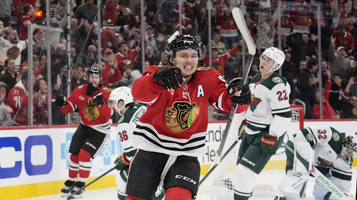 Nov 26, 2025; Chicago, Illinois, USA; Chicago Blackhawks center Connor Bedard (98) celebrates his gaol against the Minnesota Wild during the second period at United Center. Mandatory Credit: David Banks-Imagn Images