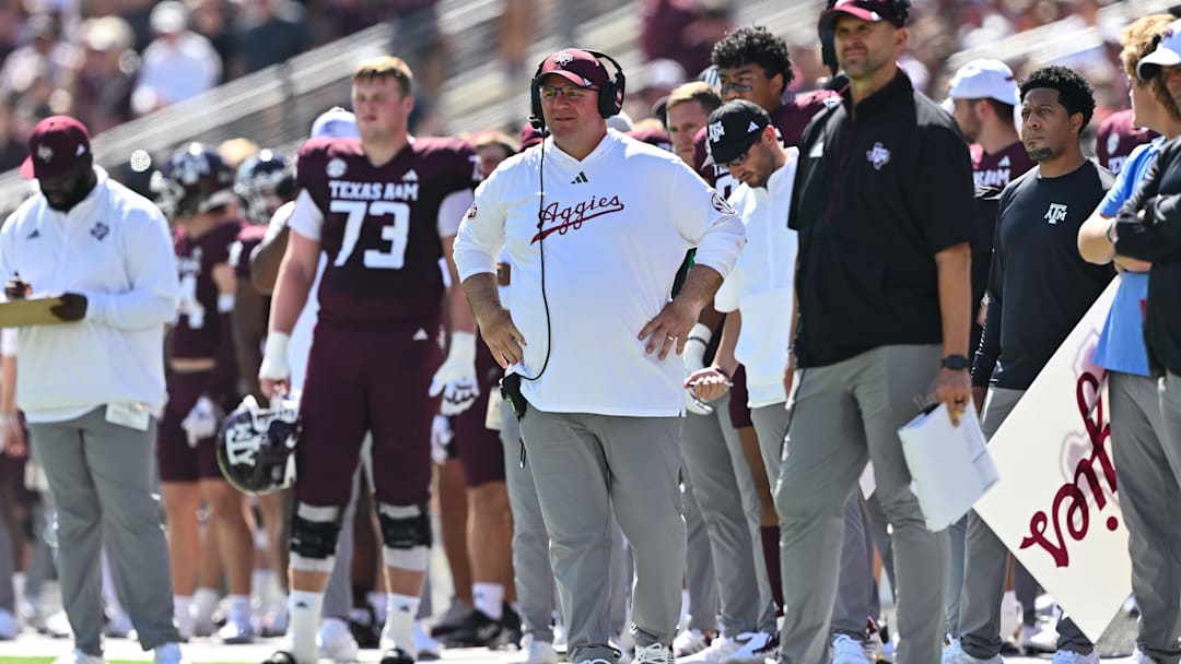 Texas A&M Aggies head coach Mike Elko looks on in the first quarter against the Missouri Tigers at Kyle Field.