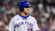 May 5, 2025; Phoenix, Arizona, USA; New York Mets outfielder Juan Soto (22) against the Arizona Diamondbacks at Chase Field. Mandatory Credit: Mark J. Rebilas-Imagn Images