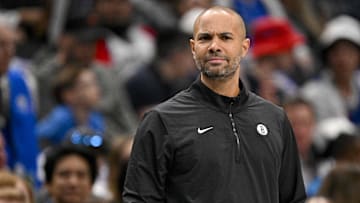 Mar 31, 2025; Dallas, Texas, USA; Brooklyn Nets head coach Jordi Fernandez looks on during the first quarter against the Dallas Mavericks at the American Airlines Center. Mandatory Credit: Jerome Miron-Imagn Images