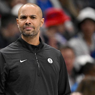 Mar 31, 2025; Dallas, Texas, USA; Brooklyn Nets head coach Jordi Fernandez looks on during the first quarter against the Dallas Mavericks at the American Airlines Center. Mandatory Credit: Jerome Miron-Imagn Images