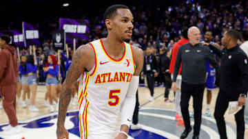 Jan 22, 2024; Sacramento, California, USA; Atlanta Hawks guard Dejounte Murray (5) walks off the