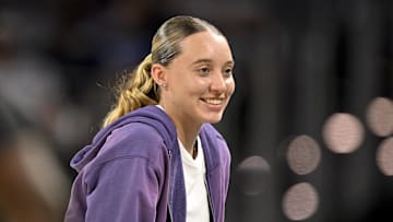 Oct 6, 2025; Fort Worth, Texas, USA; Dallas Wings guard Paige Bueckers looks on during the second quarter between the Dallas Mavericks and the Oklahoma City Thunder at Dickie's Arena. Mandatory Credit: Jerome Miron-Imagn Images