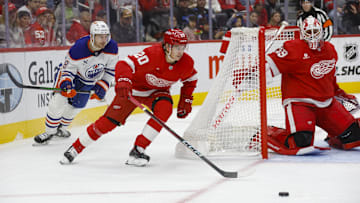 Oct 27, 2024; Detroit, Michigan, USA; Detroit Red Wings defenseman Albert Johansson (20) handles the puck during the third period of the game against the Edmonton Oilers at Little Caesars Arena. Mandatory Credit: Brian Bradshaw Sevald-Imagn Images