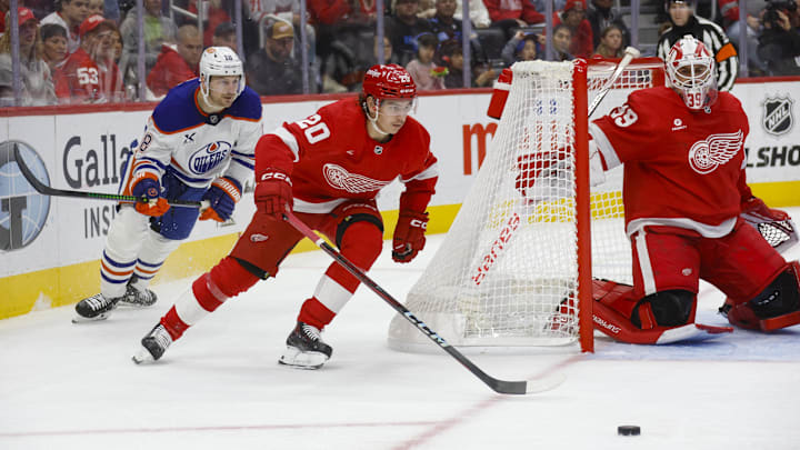 Oct 27, 2024; Detroit, Michigan, USA; Detroit Red Wings defenseman Albert Johansson (20) handles the puck during the third period of the game against the Edmonton Oilers at Little Caesars Arena. Mandatory Credit: Brian Bradshaw Sevald-Imagn Images