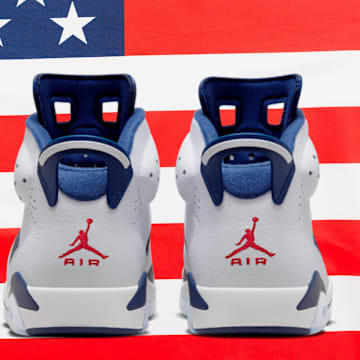 The Air Jordan 6 in the "Olympics" colorway.