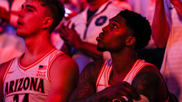 Nov 22, 2024; Tucson, Arizona, USA; Arizona Wildcats guard Caleb Love (1) looks up to the big screen before the game against the Duke Blue Devils at McKale Center. Mandatory Credit: Aryanna Frank-Imagn Images