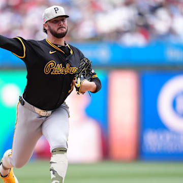 May 18, 2025; Philadelphia, Pennsylvania, USA; Pittsburgh Pirates starting pitcher Paul Skenes (30) throws a pitch against the Philadelphia Phillies in the third inning at Citizens Bank Park. Mandatory Credit: Kyle Ross-Imagn Images