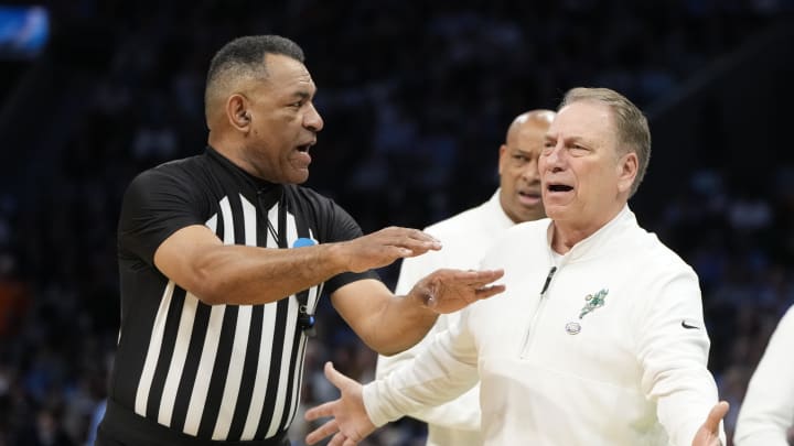March 23, 2024, Charlotte, NC, USA; Michigan State Spartans head coach Tom Izzo argues with an official against the North Carolina Tar Heels  in the second round of the 2024 NCAA Tournament at the Spectrum Center. Mandatory Credit: Bob Donnan-USA TODAY Sports
