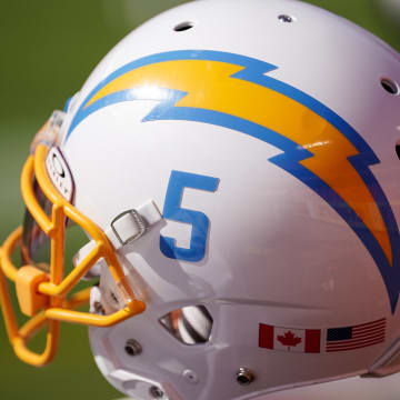 Oct 22, 2023; Kansas City, Missouri, USA; A general view of a Los Angeles Chargers helmet against the Kansas City Chiefs during the first half at GEHA Field at Arrowhead Stadium. Mandatory Credit: Denny Medley-USA TODAY Sports